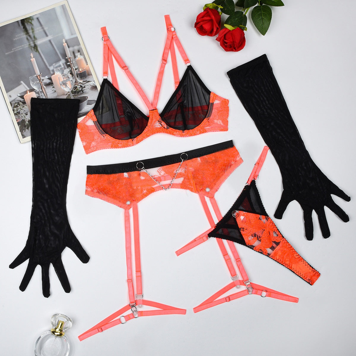 Colorful Embroidered Sexy Underwear Glove Five Piece Set