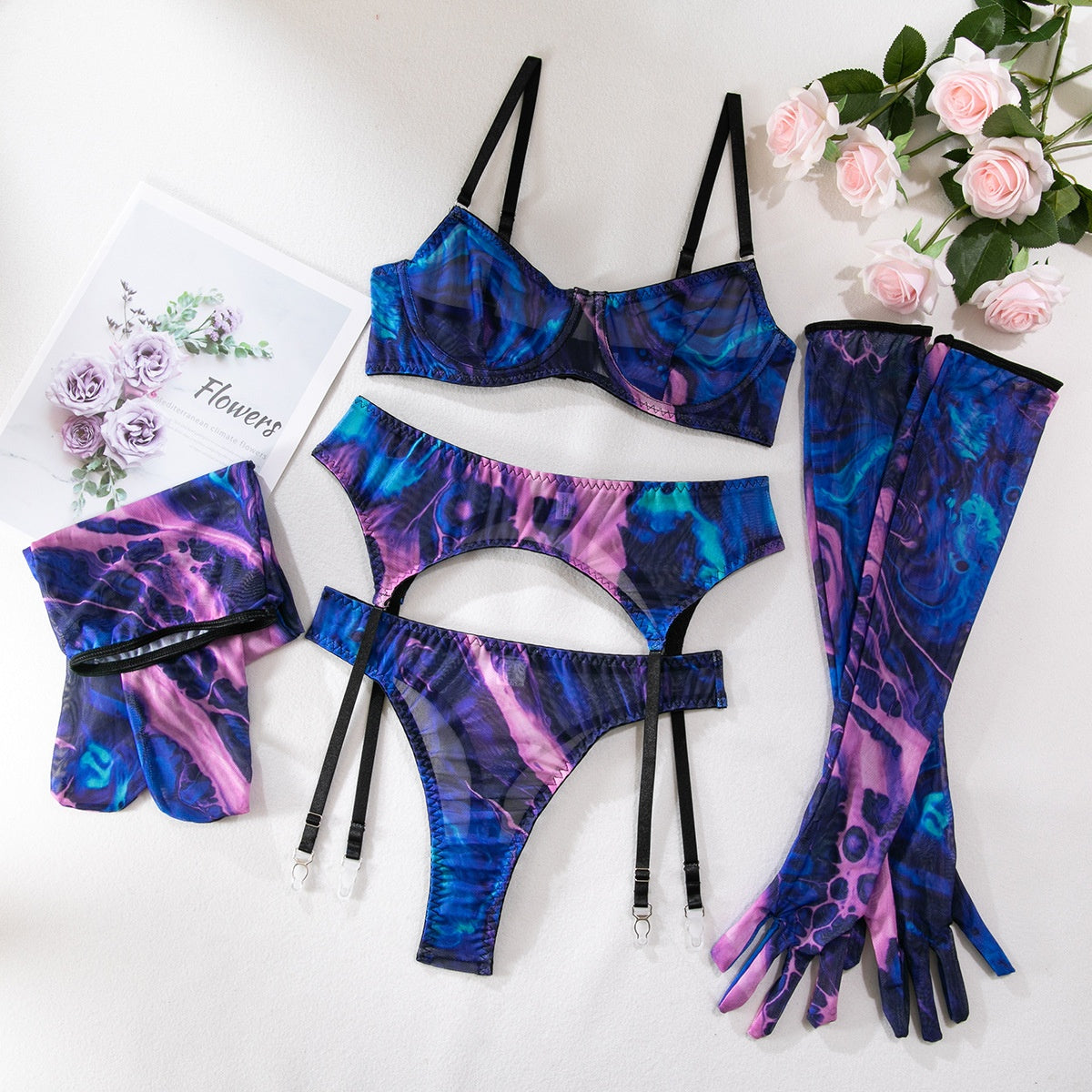 Sexy Transparent Push-Up Printed Underwear Set with Gloves and Leg Garters for Women (5-Piece Set)