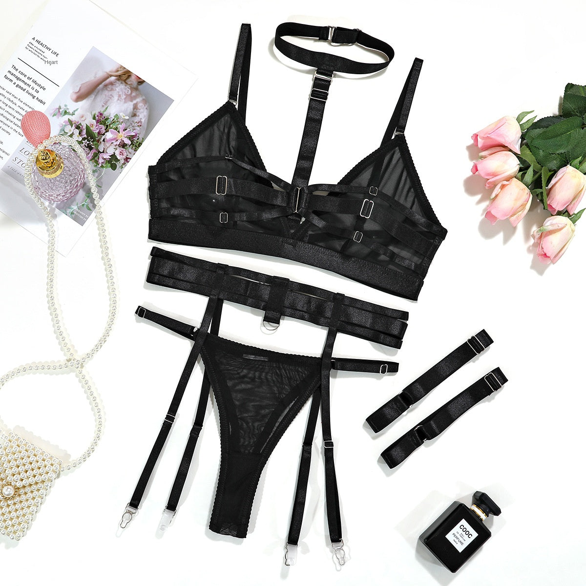 Hot Selling Sexy Lingerie Three-Piece Set Halter Motorcycle Gathered and Shaping Leg Straps for Women