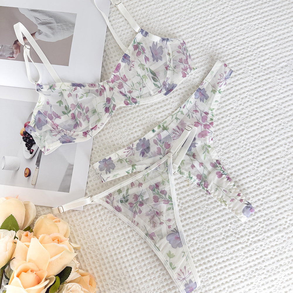 Lace Print Sheer Gathered Sexy Bra Set with Two Pairs of Comfortable Underwear for Large Breasts