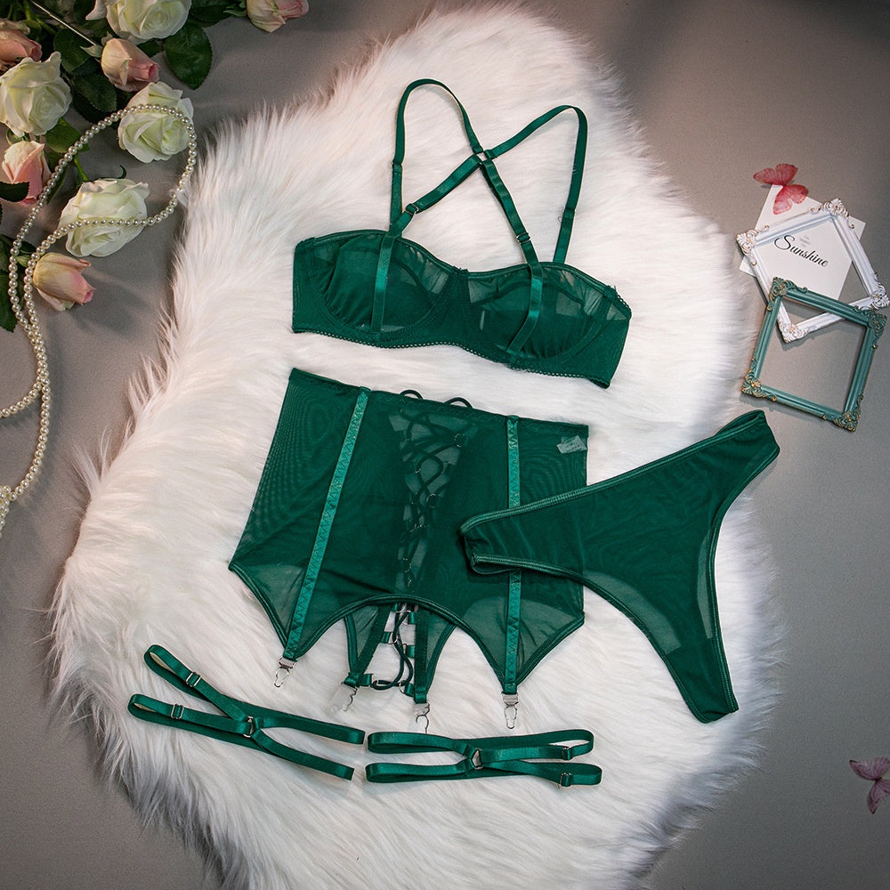 Sexy Lingerie Set for Women - Sheer Mesh Transparent Cross-Tied Hollow Out Push-Up Bra and Panty Three-Piece Suit