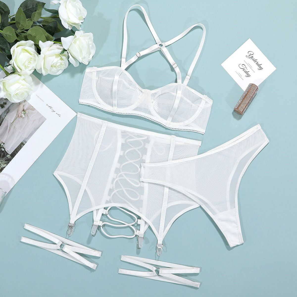 Sexy Lingerie Set for Women - Sheer Mesh Transparent Cross-Tied Hollow Out Push-Up Bra and Panty Three-Piece Suit