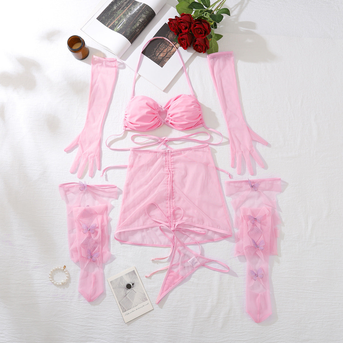 Hollow mesh seduction set sexy pink elegant neck hanging underwear five piece set