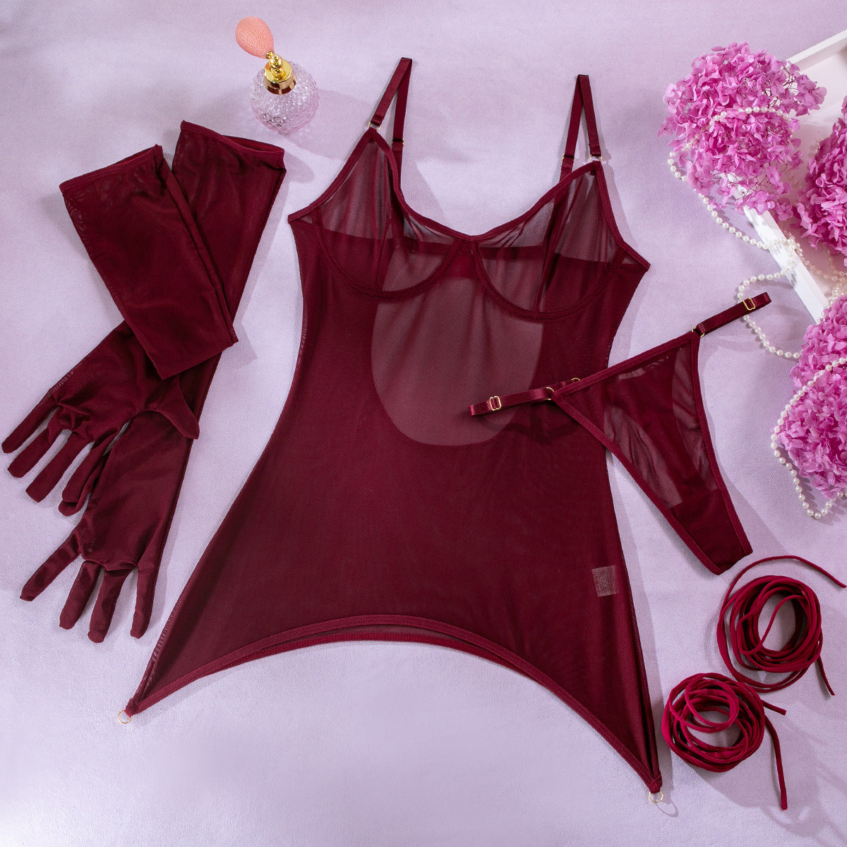 Sexy Mesh Backless Transparent Bondage Rope with Gloves Three-Piece Set for Women