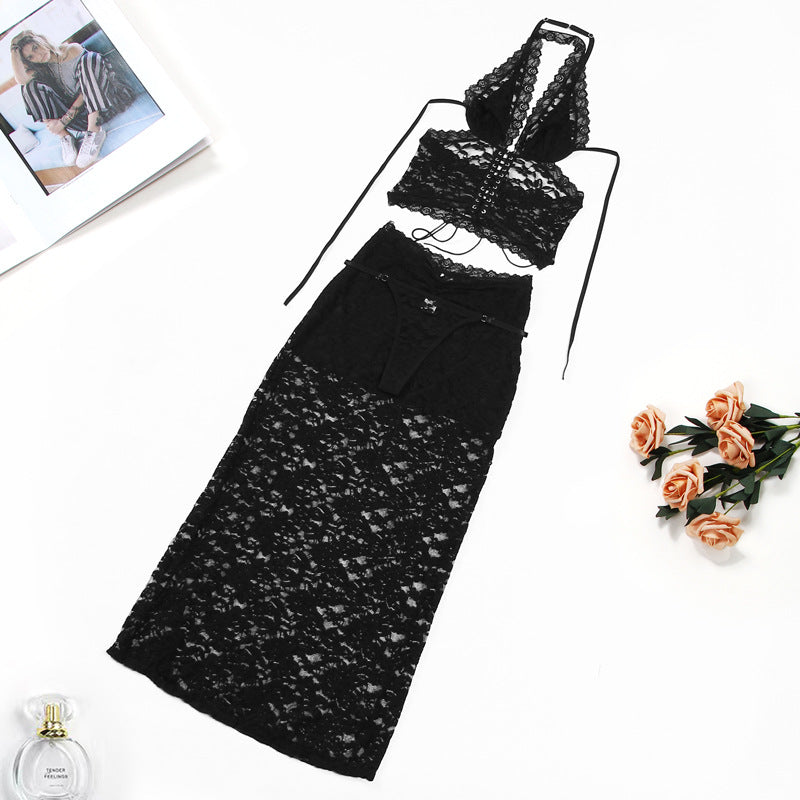 Versatile lace back and neck hanging underwear long skirt set can be worn outside
