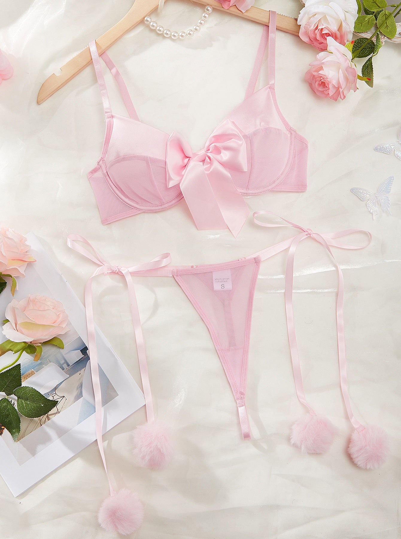 Two piece set of sexy see through mesh lingerie with bow ties hairballs and straps
