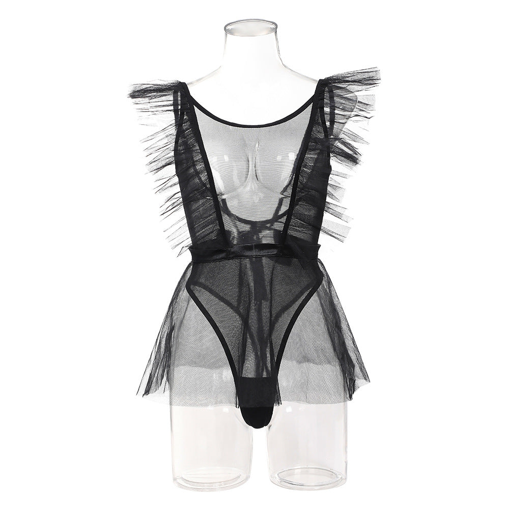 Sexy mesh jumpsuit puffy skirt gloves three piece set for women