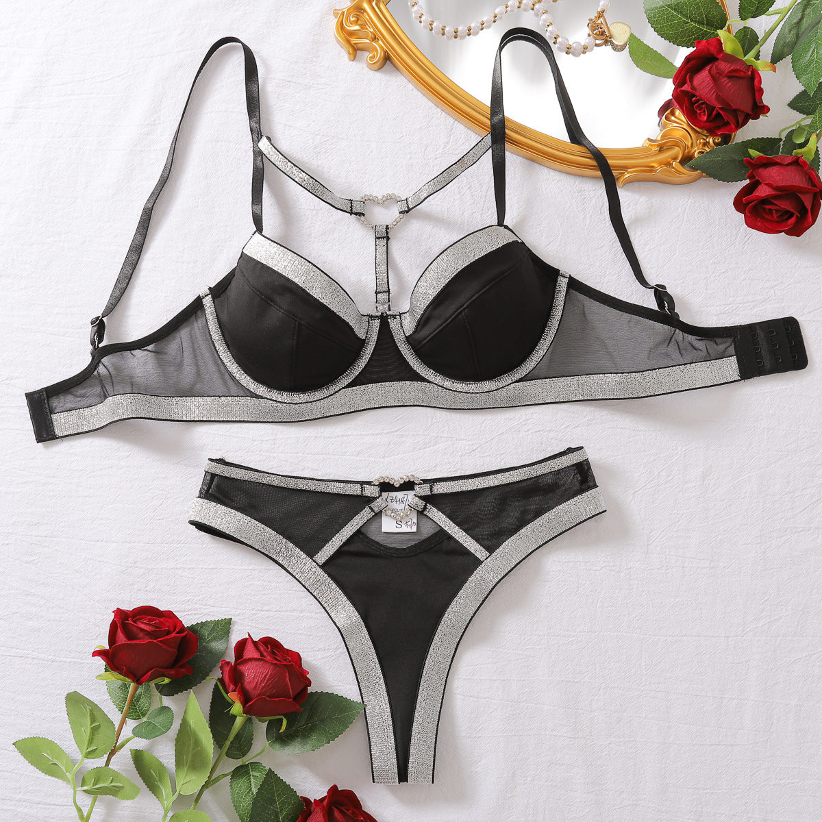 Color blocked bra set with heart-shaped buckle mesh sexy lingerie two-piece set