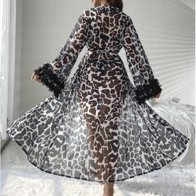 Sexy Printed Long Robe with Slit Casual Loungewear Leopard Print Sleepwear Erotic Set