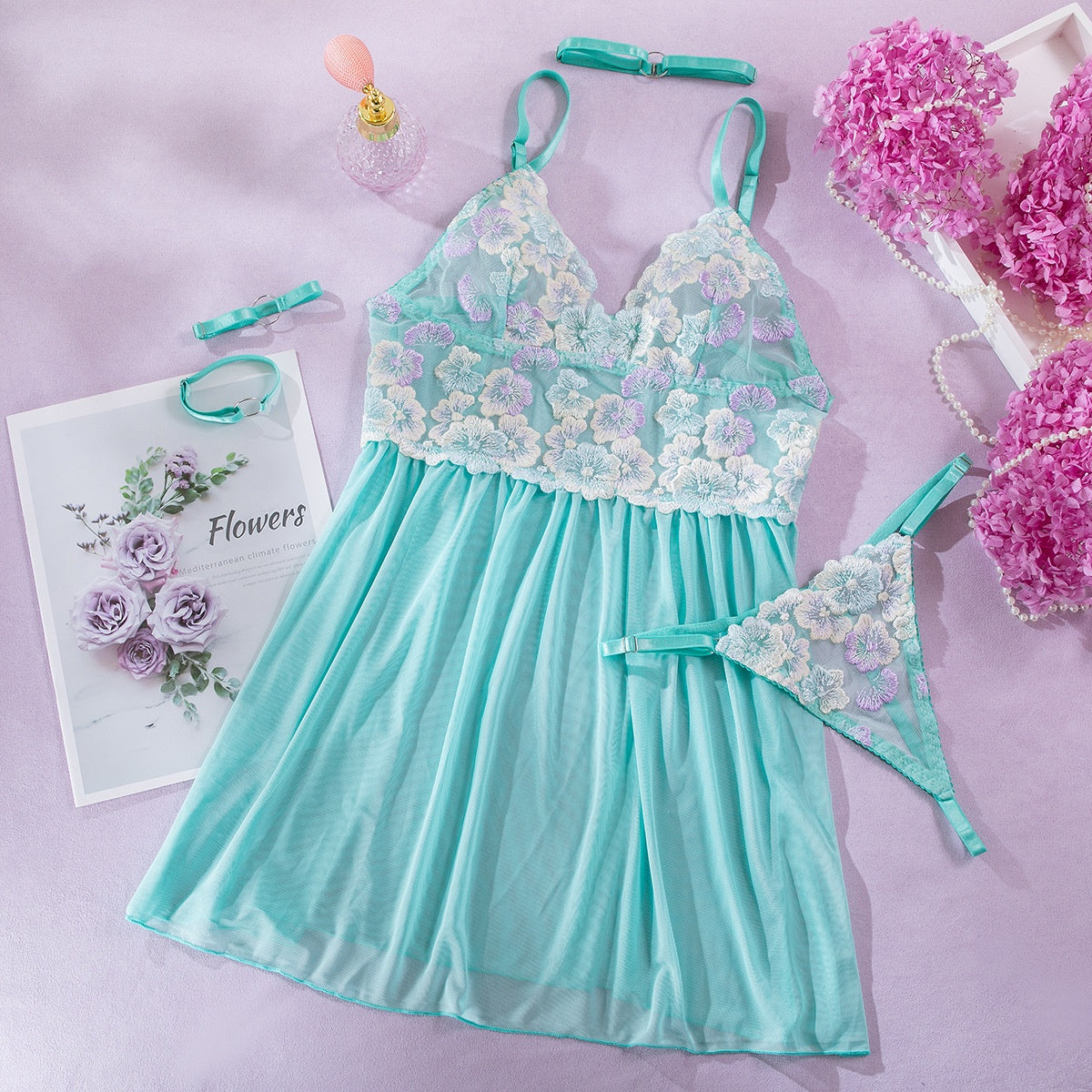 Sexy Lingerie Dress with Embroidery and Lace Splicing, Neck Strap and Hand Four-Piece Set