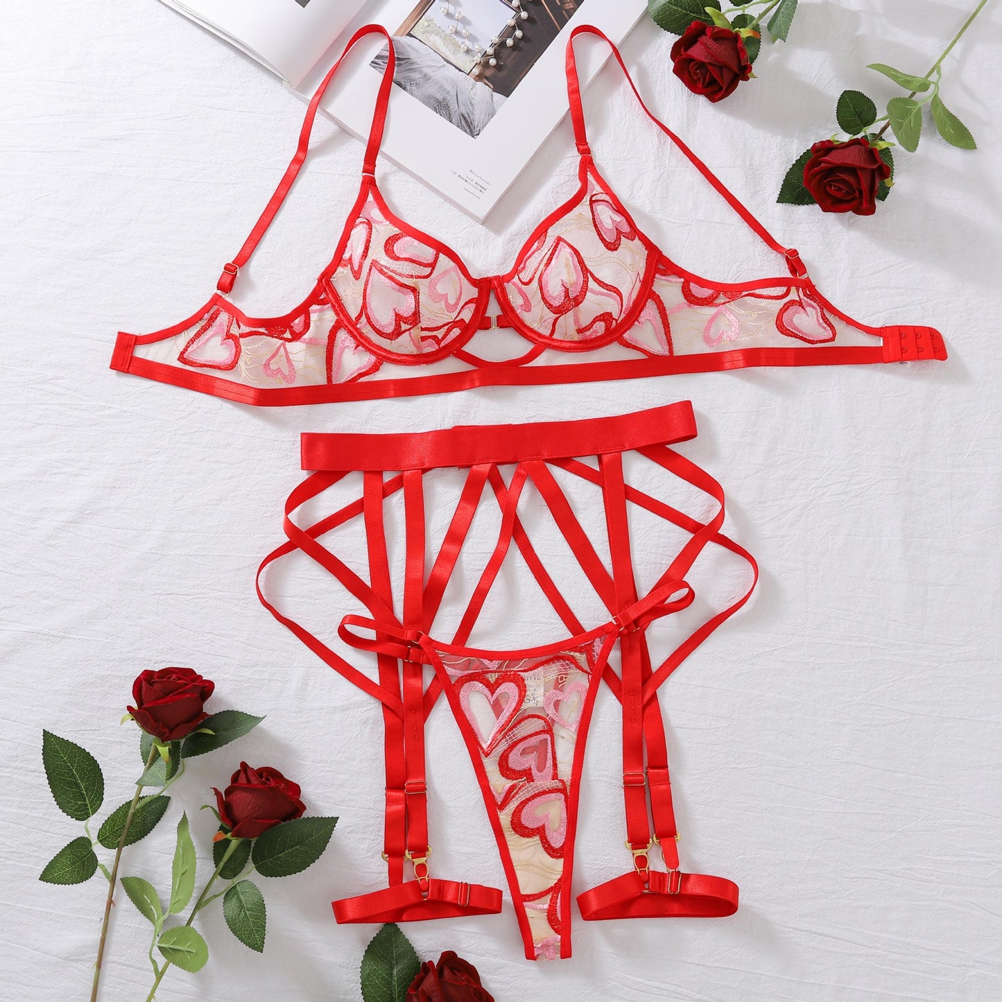 Red Love Embroidered Strap Bra Set Perspective Mesh Mesh Sexy Underwear 4-piece Set