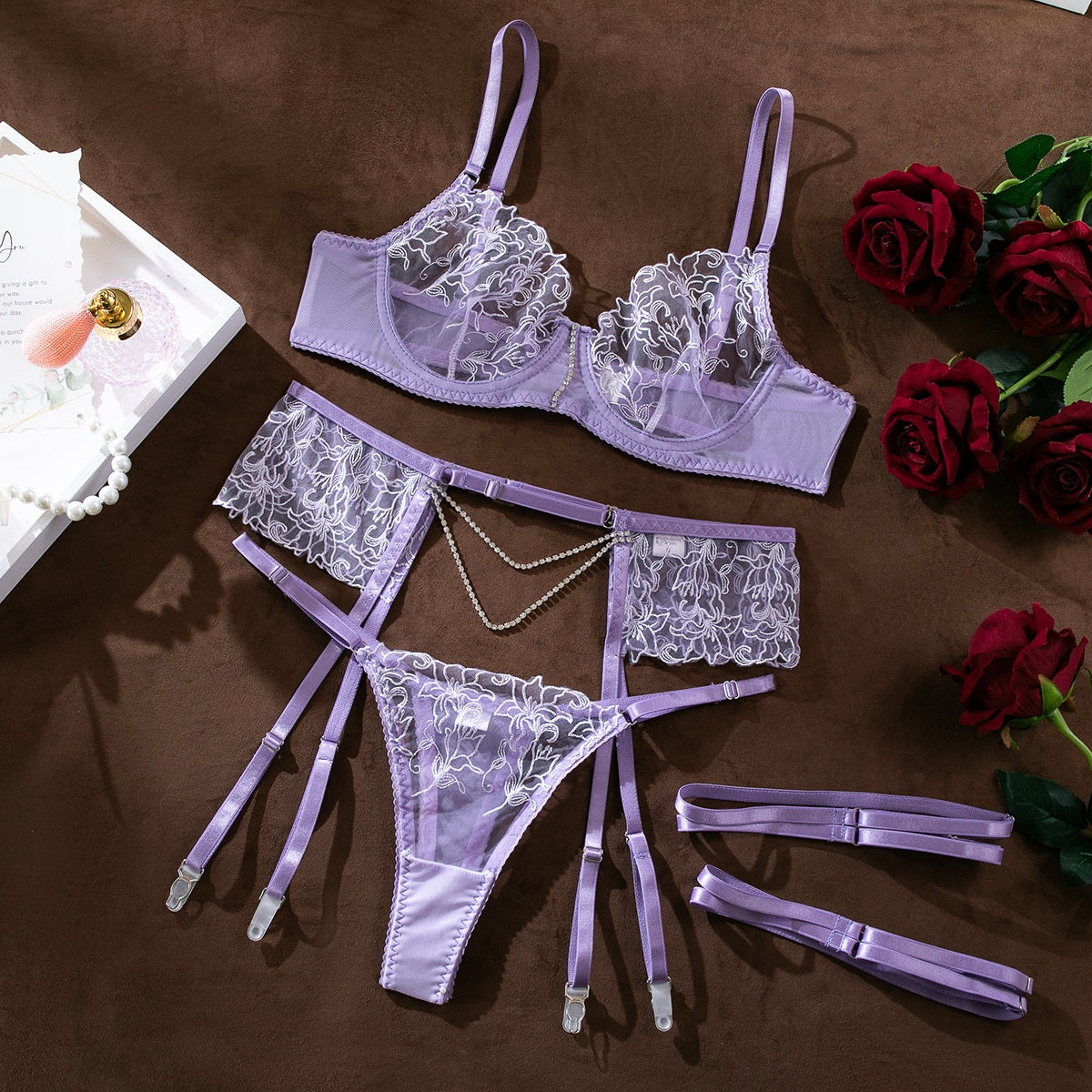 Elegant Three-Piece Set for Women - Transparent Sexy Embroidered Chain Lace Underwear Suit