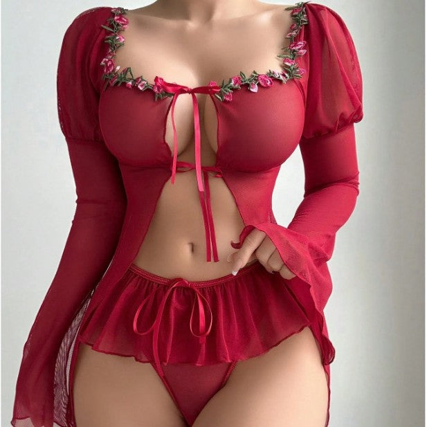 Sexy Mesh Transparent Long Sleeve Slit Lace Outerwear Erotic Set