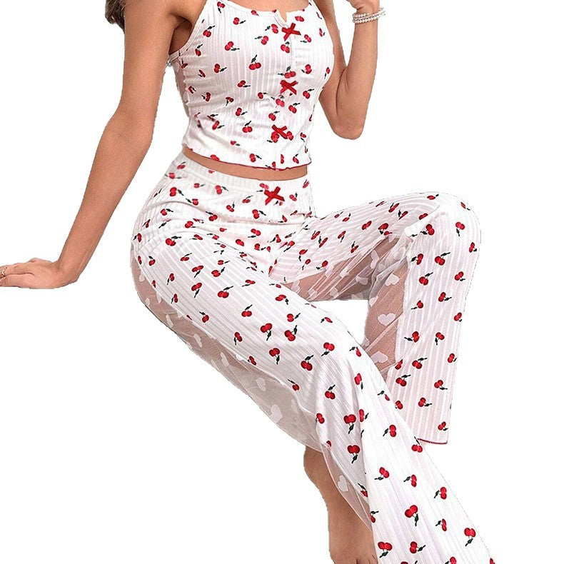 Sexy Ruffle Trimmed Multi-Color Heart Print Comfortable Casual Loungewear Set - Strap Shorts