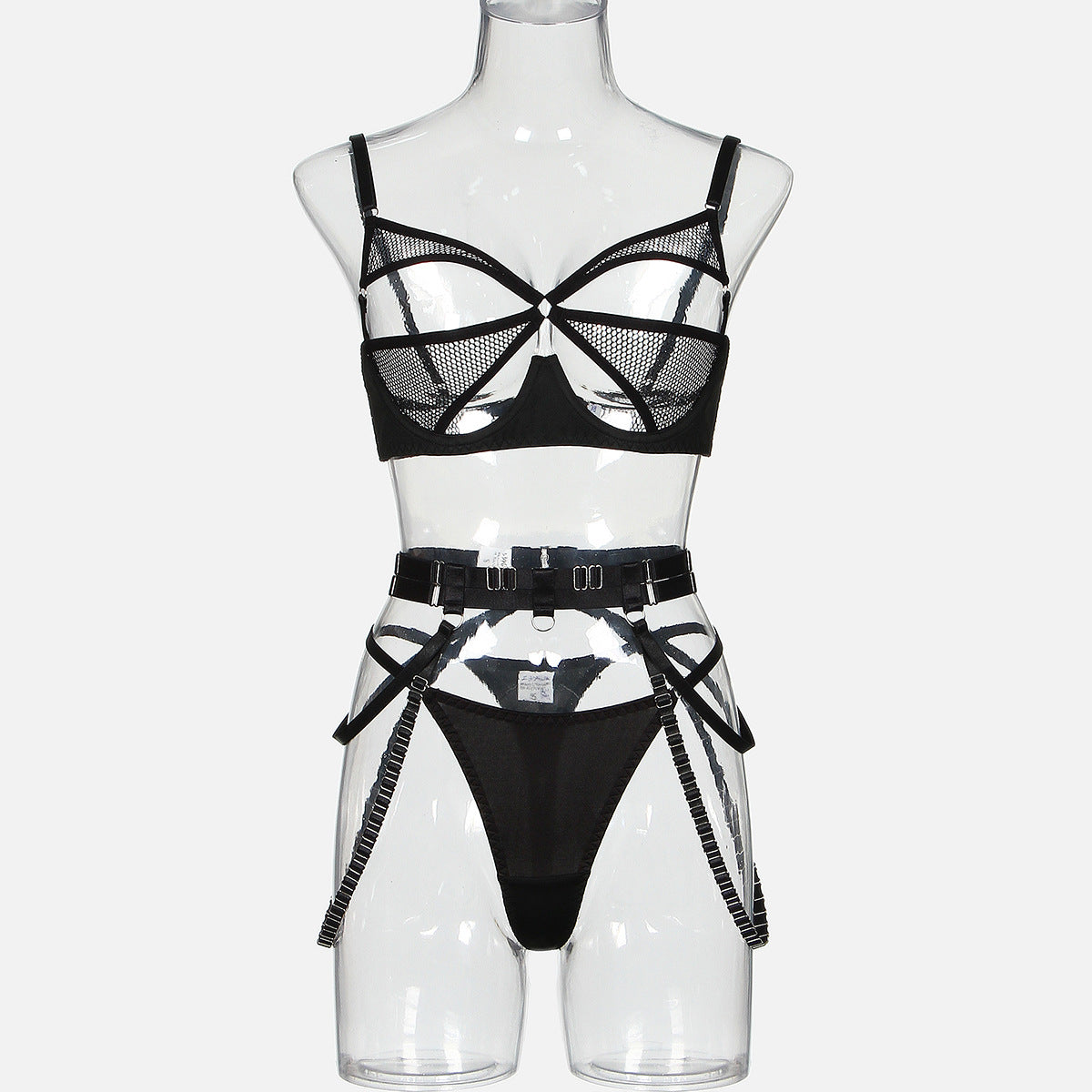 Mesh splicing mesh fabric hollow steel ring gathering sexy lingerie three piece set