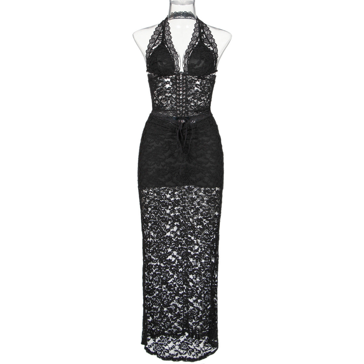 Versatile lace back and neck hanging underwear long skirt set can be worn outside