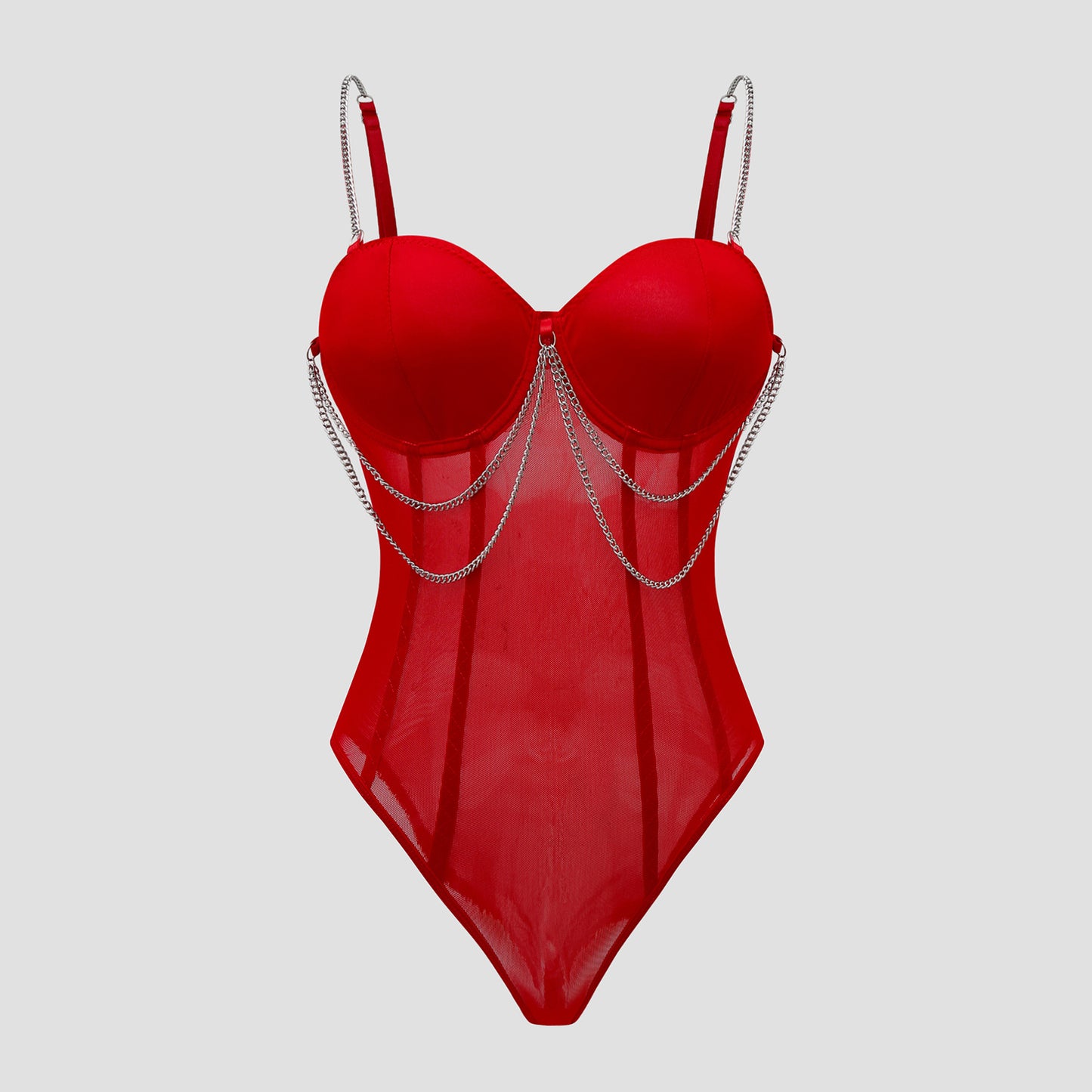 Sheer Mesh Street Style Metallic Chain Design Strapless Fitted Jumpsuit