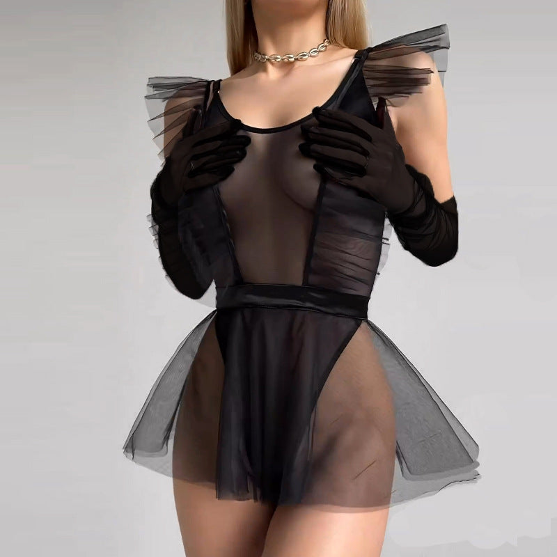 Sexy mesh jumpsuit puffy skirt gloves three piece set for women