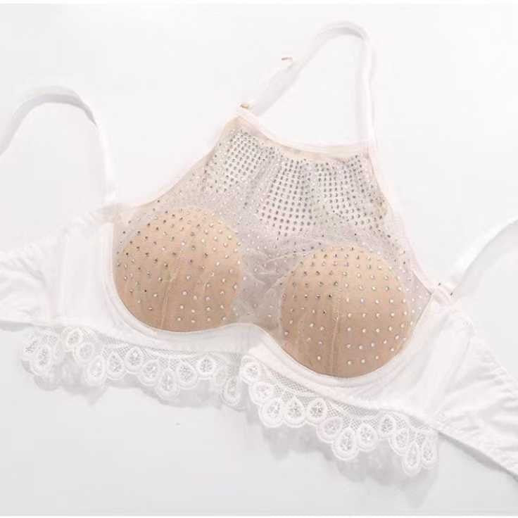 Summer Thin Strapless Backless Small Chest Gathering Bra, Rhinestone Mesh Bra, Chest Minimizing Pure Desire Girl Bra