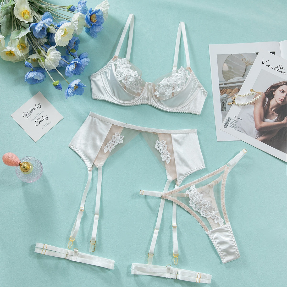 Sexy Three-Piece Sheer Lingerie Set with Lace Embroidery and Mesh Splicing, Push-Up Bra and Thong Four-Piece Suit