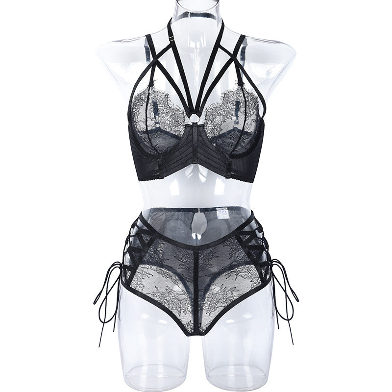 Lace and Lace Eyelash Underwear Splicing Cross Tie Slim Fit Set for Women