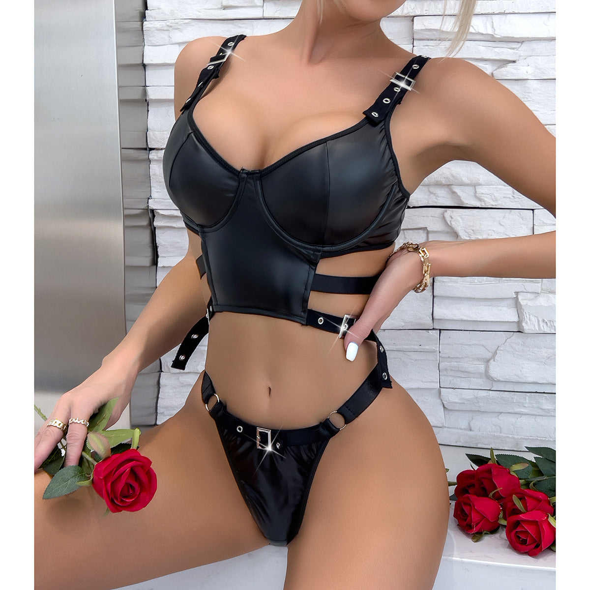 Nightclub Spicy Girl PU Motorcycle Sexy Leather Vest Underwear Uniform Temptation Erotic Set for Women
