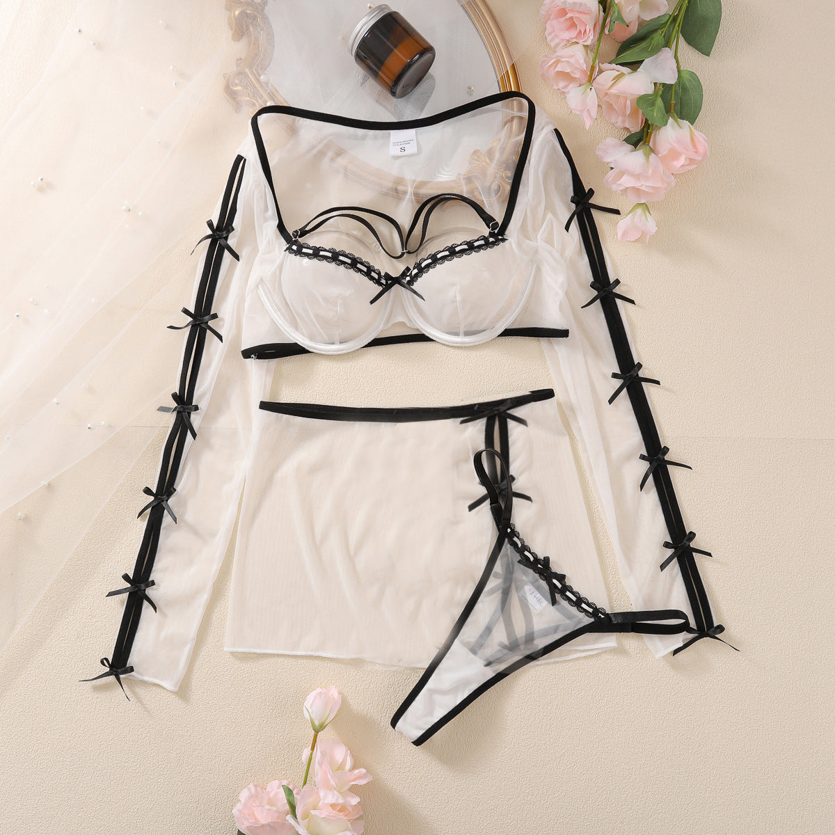 Bow tie tied long sleeved neck hanging underwear see through short skirt fun three piece set