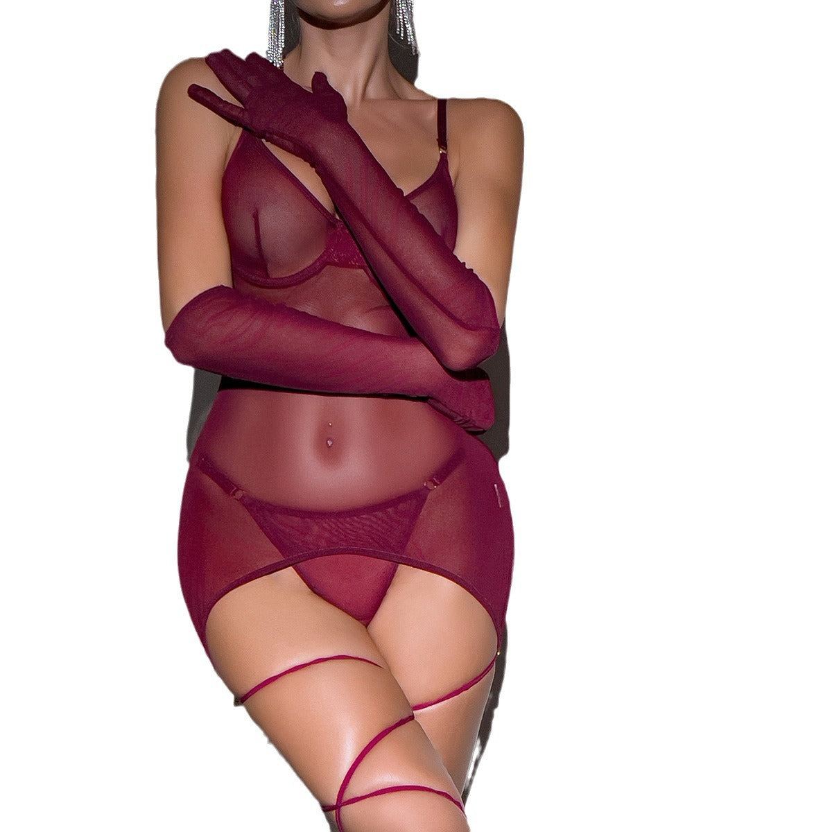 Sexy Mesh Backless Transparent Bondage Rope with Gloves Three-Piece Set for Women
