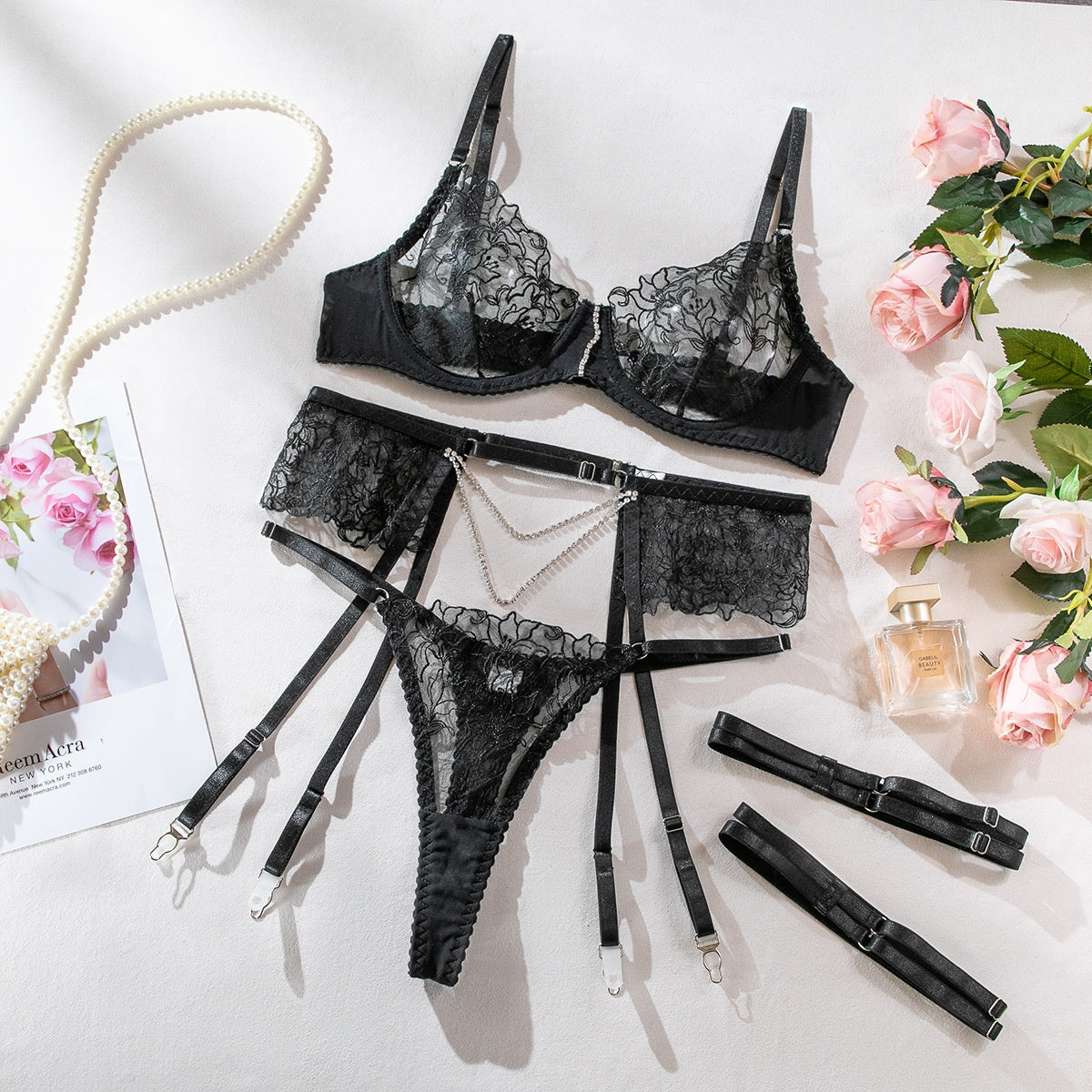 Elegant Three-Piece Set for Women - Transparent Sexy Embroidered Chain Lace Underwear Suit