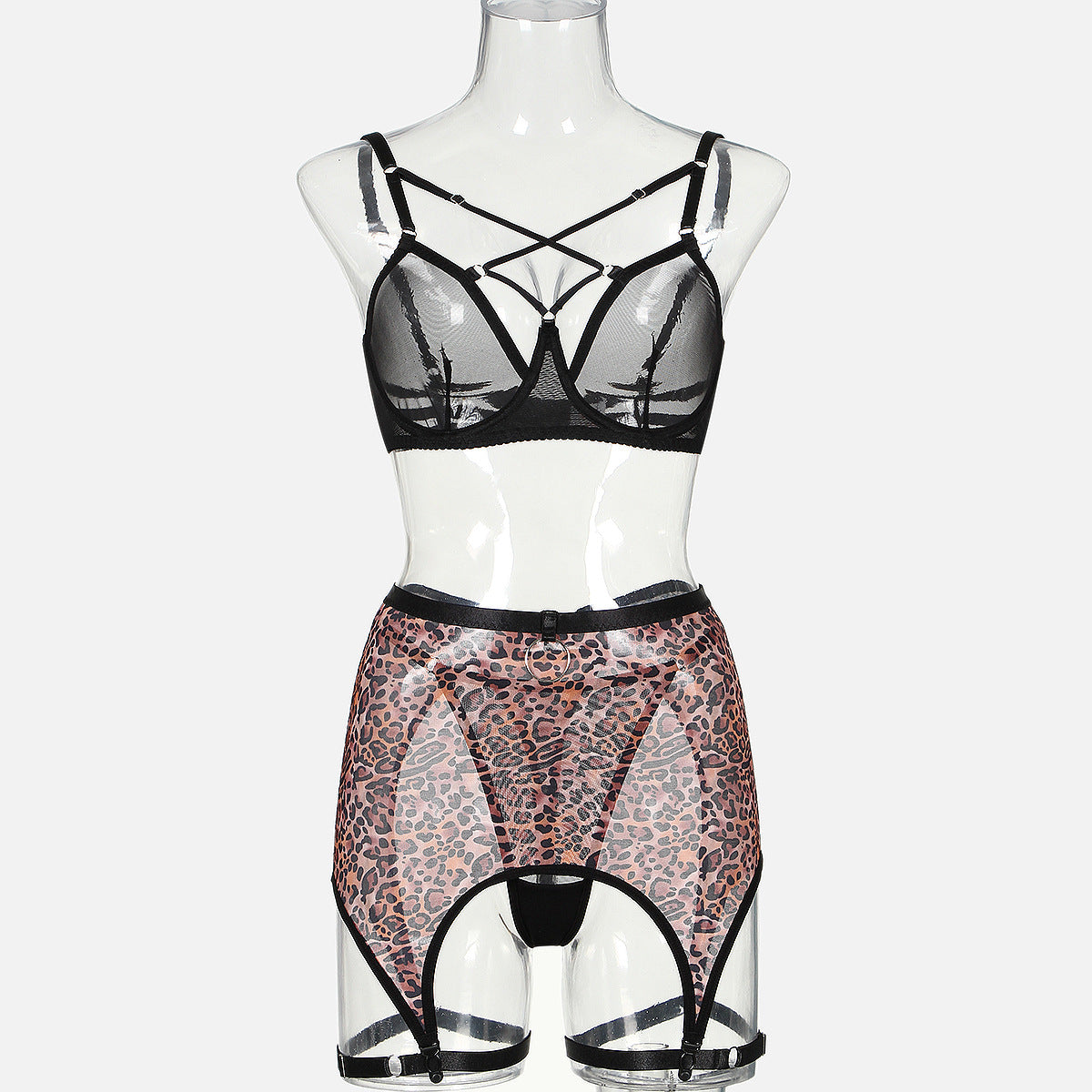 Tie up steel ring gathers sexy lingerie layered leopard print long sleeved five piece set