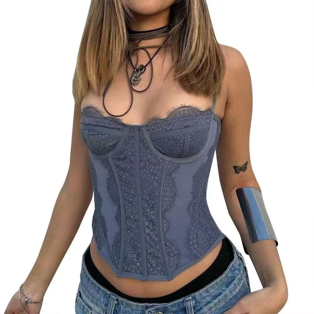 Cross-border Spicy Girl Gathered Sexy Fitted Bra Lace Eyelash Fringe Shapewear Vest Tube Top Camisole