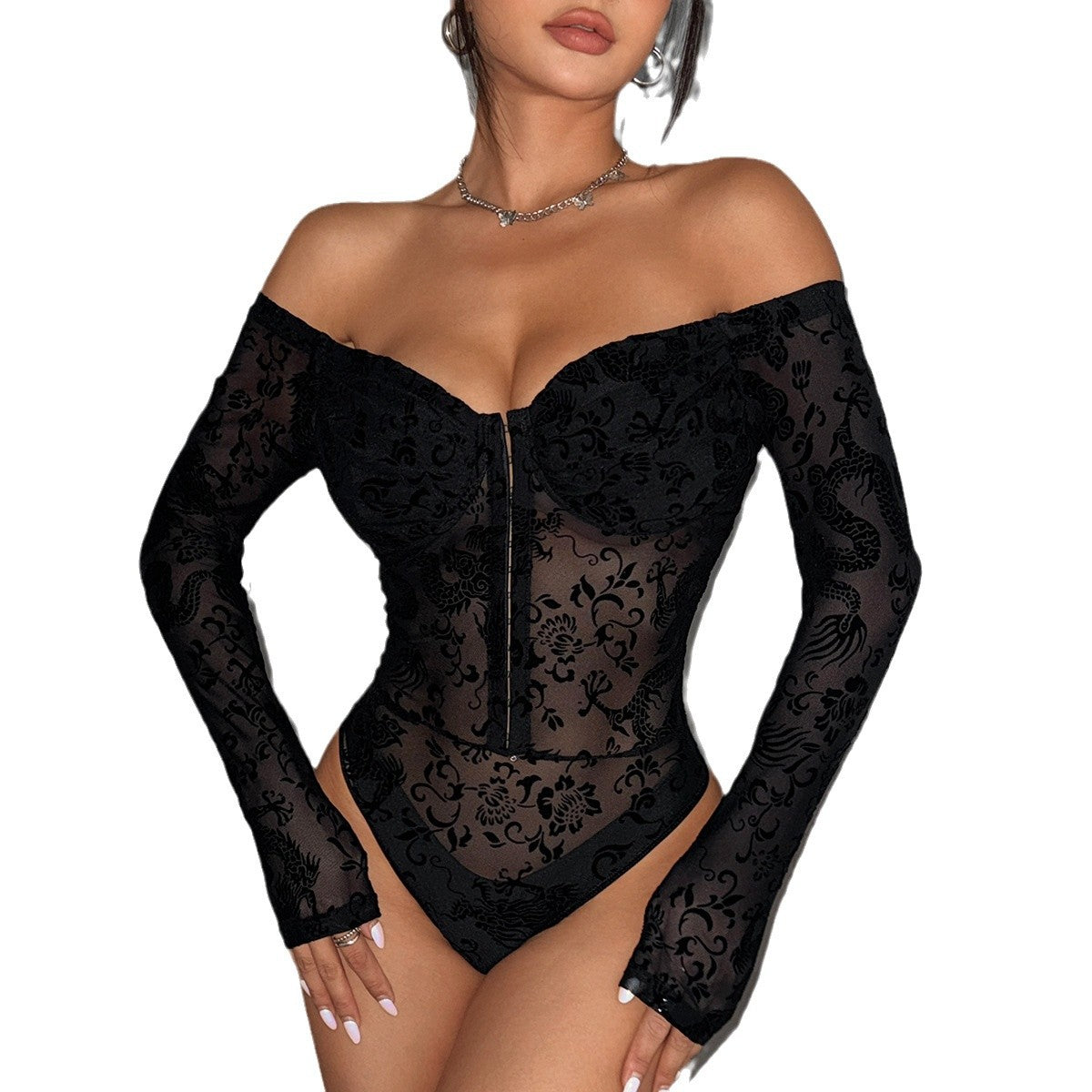 Classic Dragon Pattern Snap Button Sexy Cool Chic Slim Fitted Semi-Transparent One-Shoulder Jumpsuit