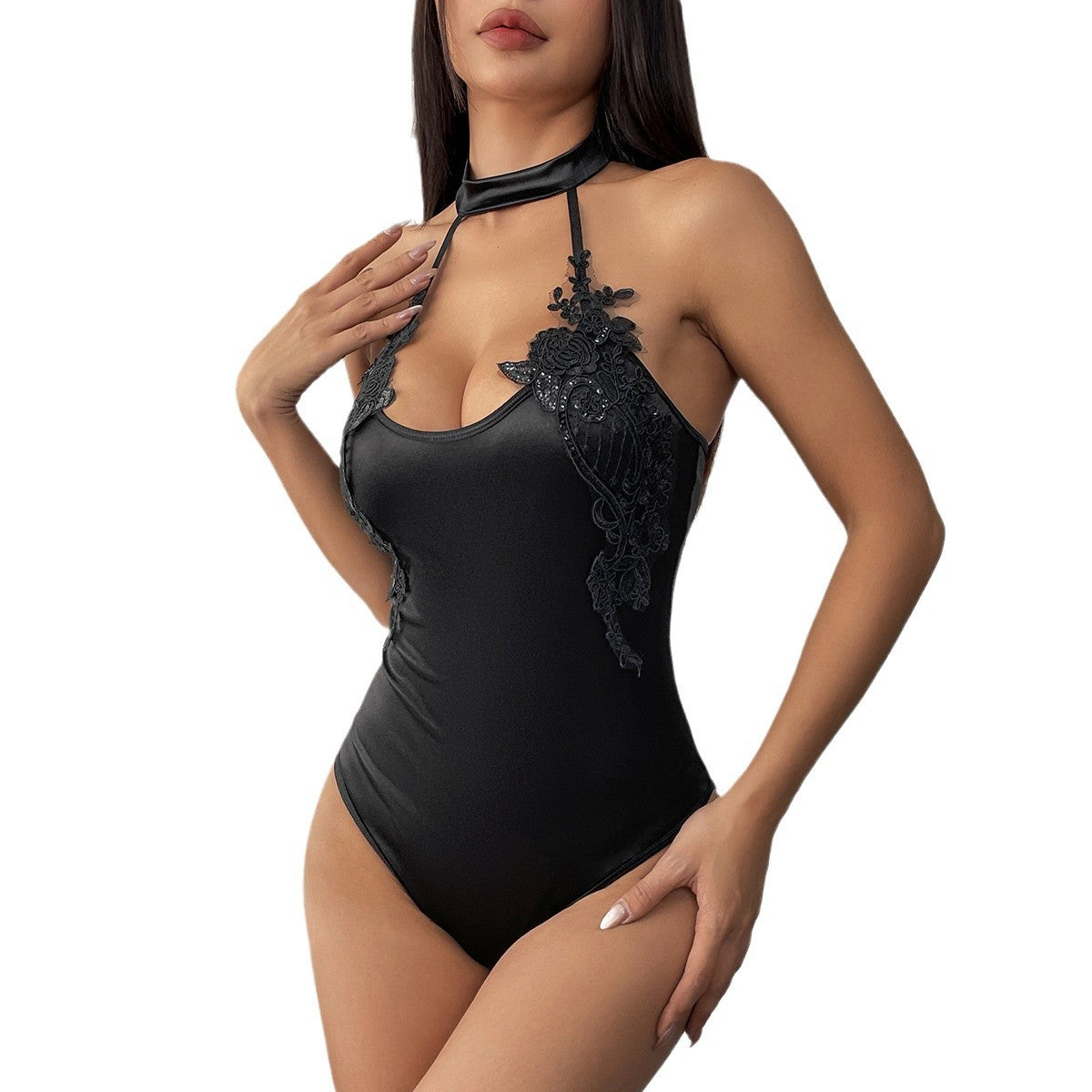 Satin Applique Halter Simple Backless Sexy Fitted Slim Jumpsuit