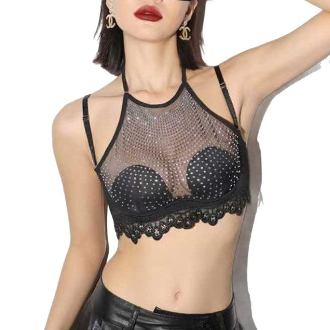 Summer Thin Strapless Backless Small Chest Gathering Bra, Rhinestone Mesh Bra, Chest Minimizing Pure Desire Girl Bra