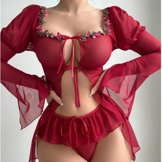 Sexy Mesh Transparent Long Sleeve Slit Lace Outerwear Erotic Set