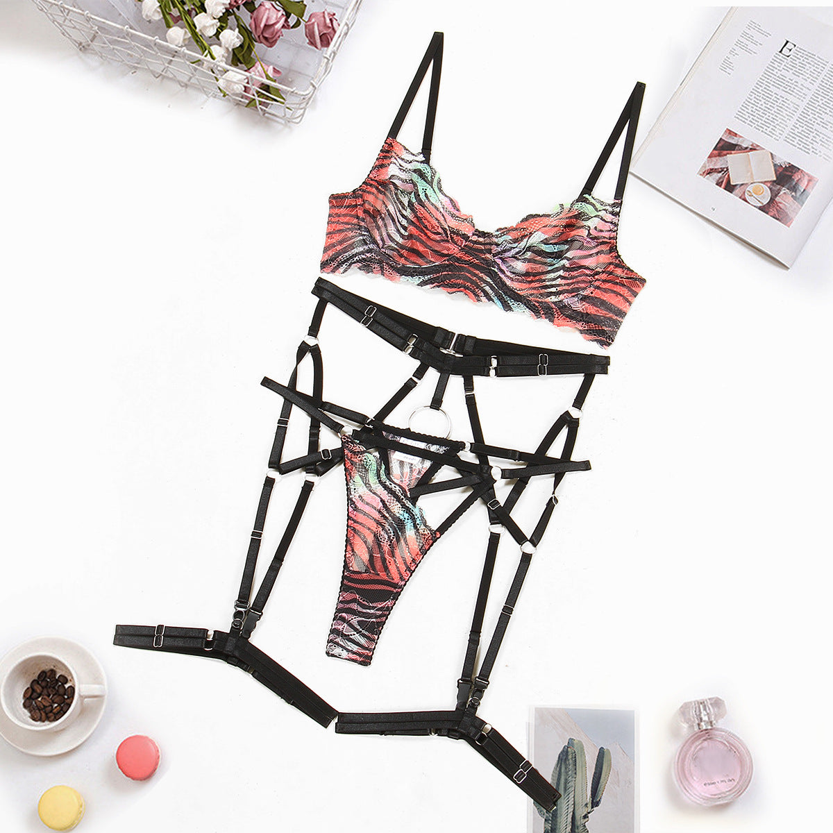 Colorful tie dye printed sexy mesh two-piece set