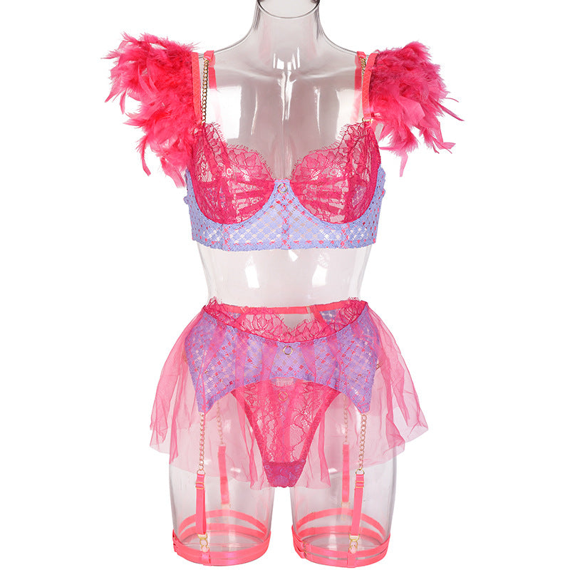 Feather Back Underwear Mesh Lace Splicing Four Piece Set