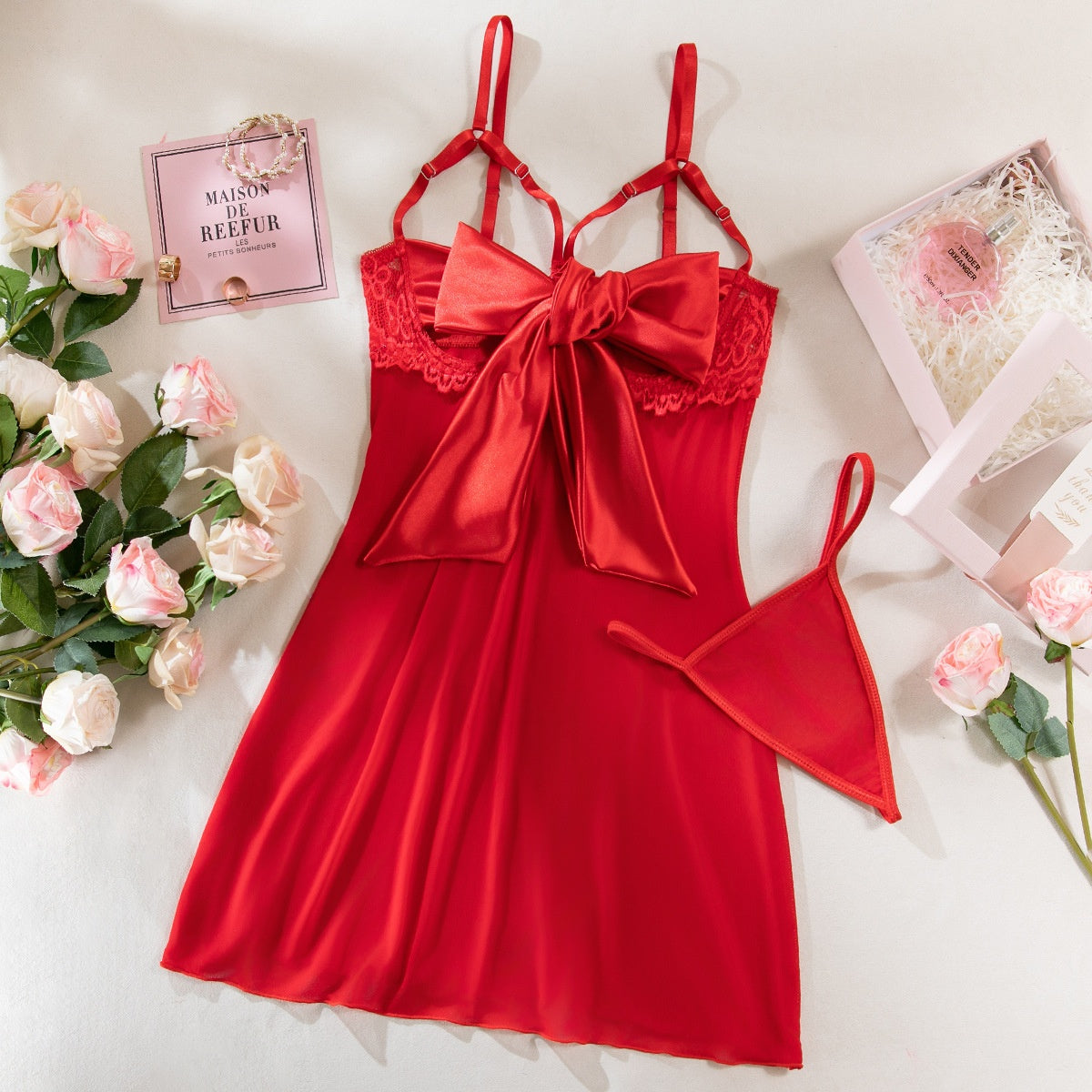 Sexy Satin Bow See-Through Elastic Mesh Plunging Chest Exposed Lingerie Temptation Lace Dress