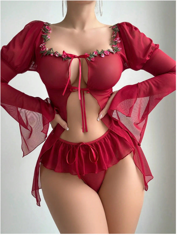 Sexy Mesh Transparent Long Sleeve Slit Lace Outerwear Erotic Set