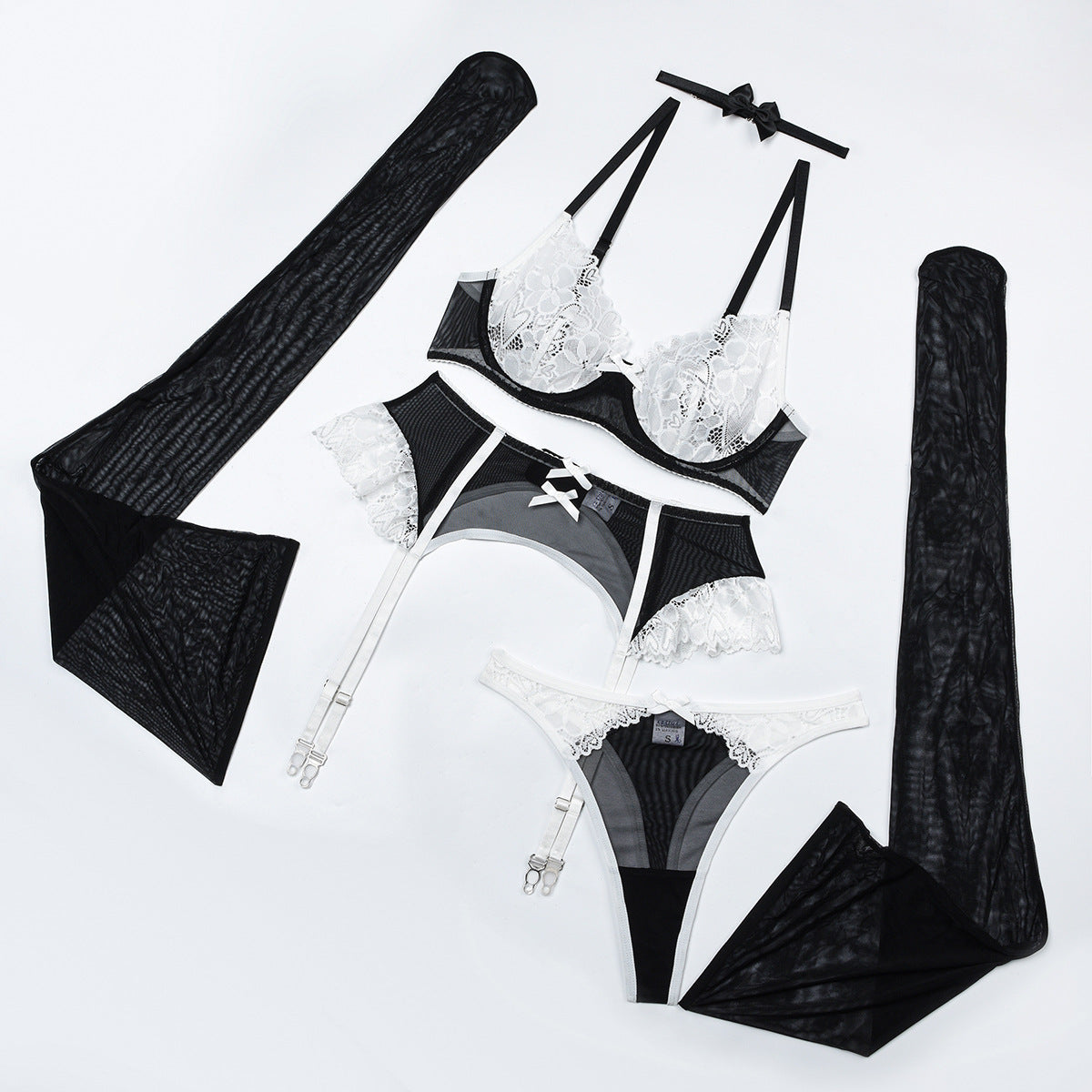 Lace mesh splicing contrasting color lingerie five piece set