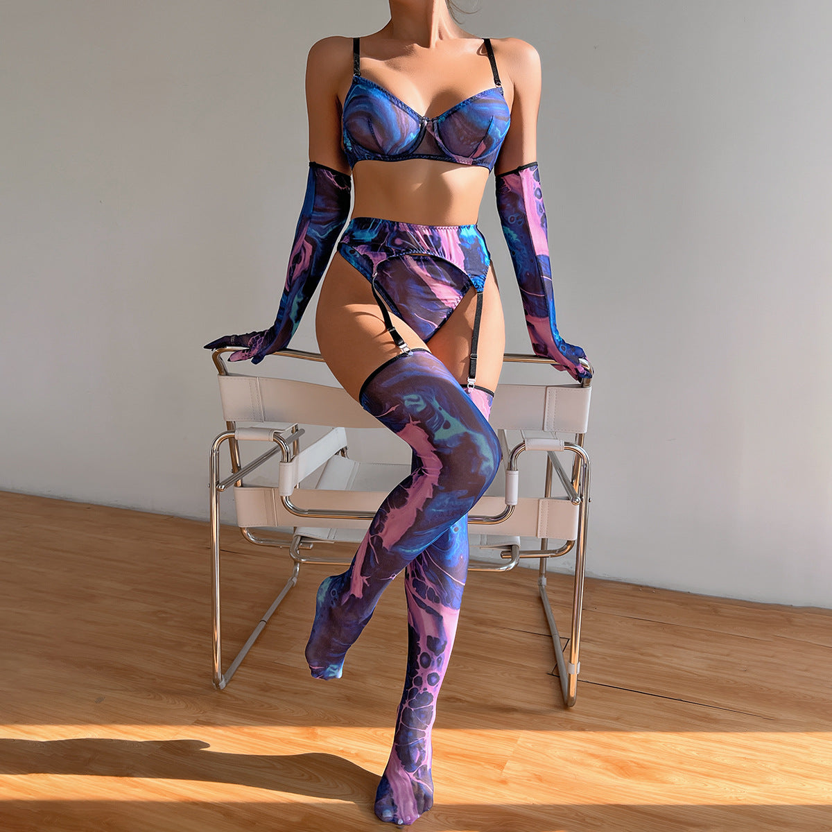Sexy Transparent Push-Up Printed Underwear Set with Gloves and Leg Garters for Women (5-Piece Set)
