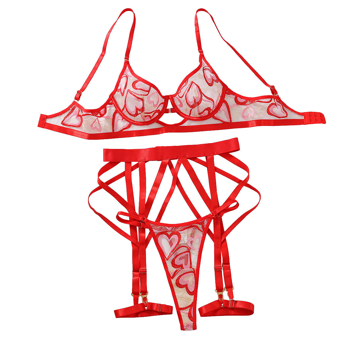 Red Love Embroidered Strap Bra Set Perspective Mesh Mesh Sexy Underwear 4-piece Set