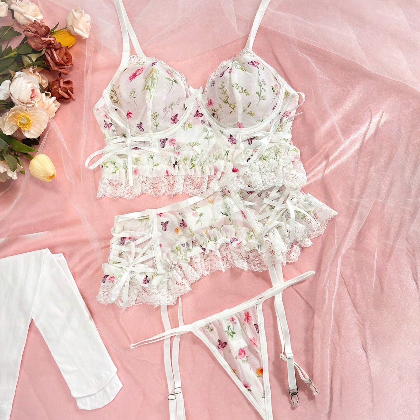 Cross-border Sexy Lingerie Set Sheer Mesh Floral Print Pure Desire Sweet and Sexy Bra Ultra-thin Bra Set