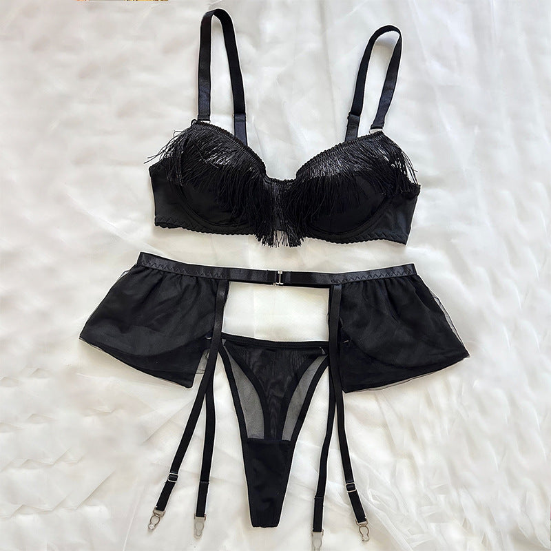 Tassel bra set with mesh and erotic lingerie three piece set for women