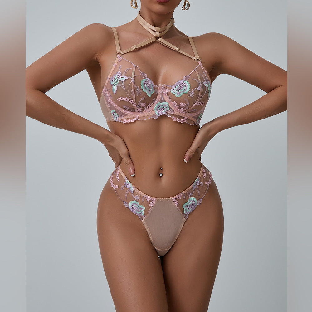 Women's Sexy Spicy Girl Set Personalized Flower Embroidery Steel Ring Gathered Bra Set