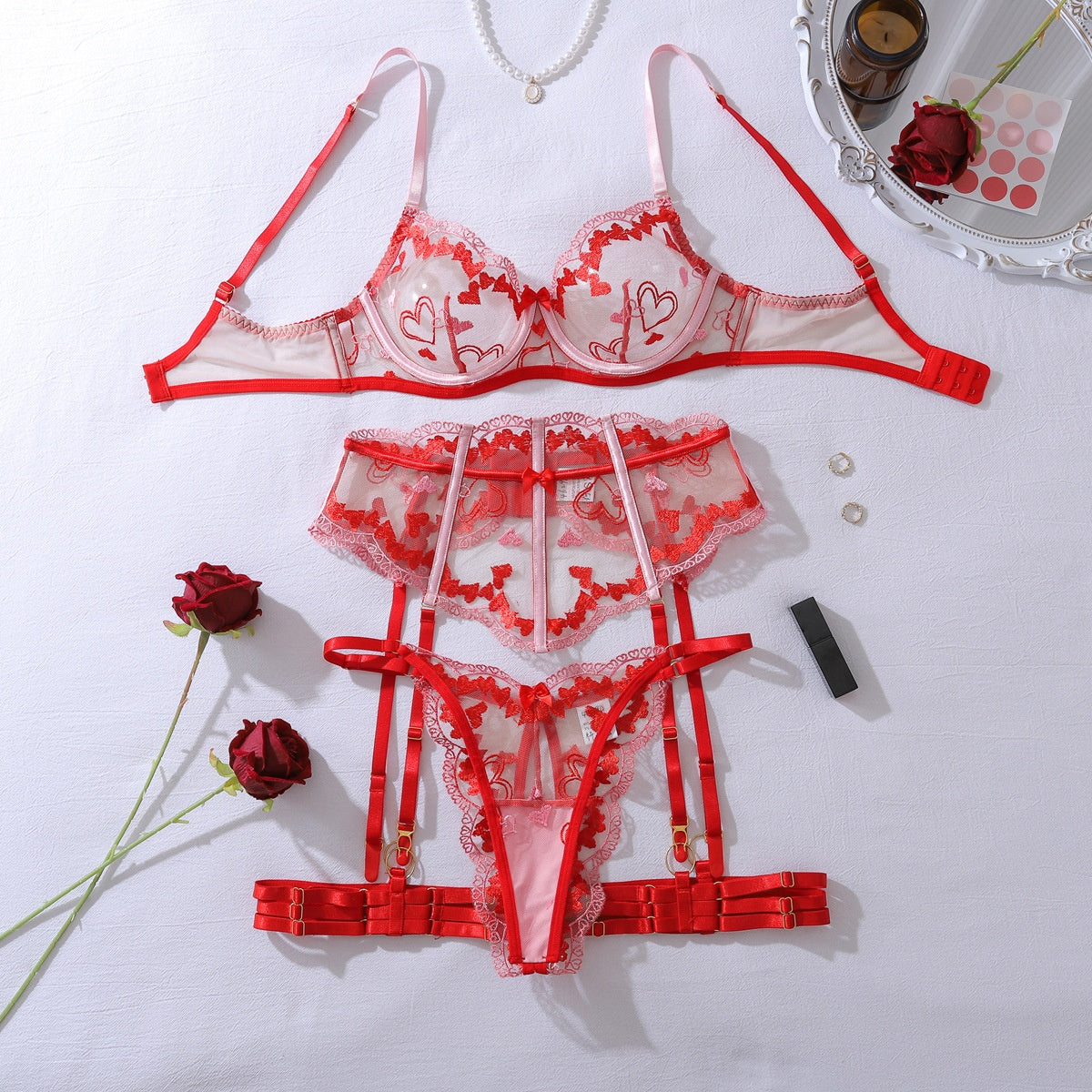 Color blocking heart-shaped embroidery mesh fishbone waist cinching bow shaping sexy lingerie split set