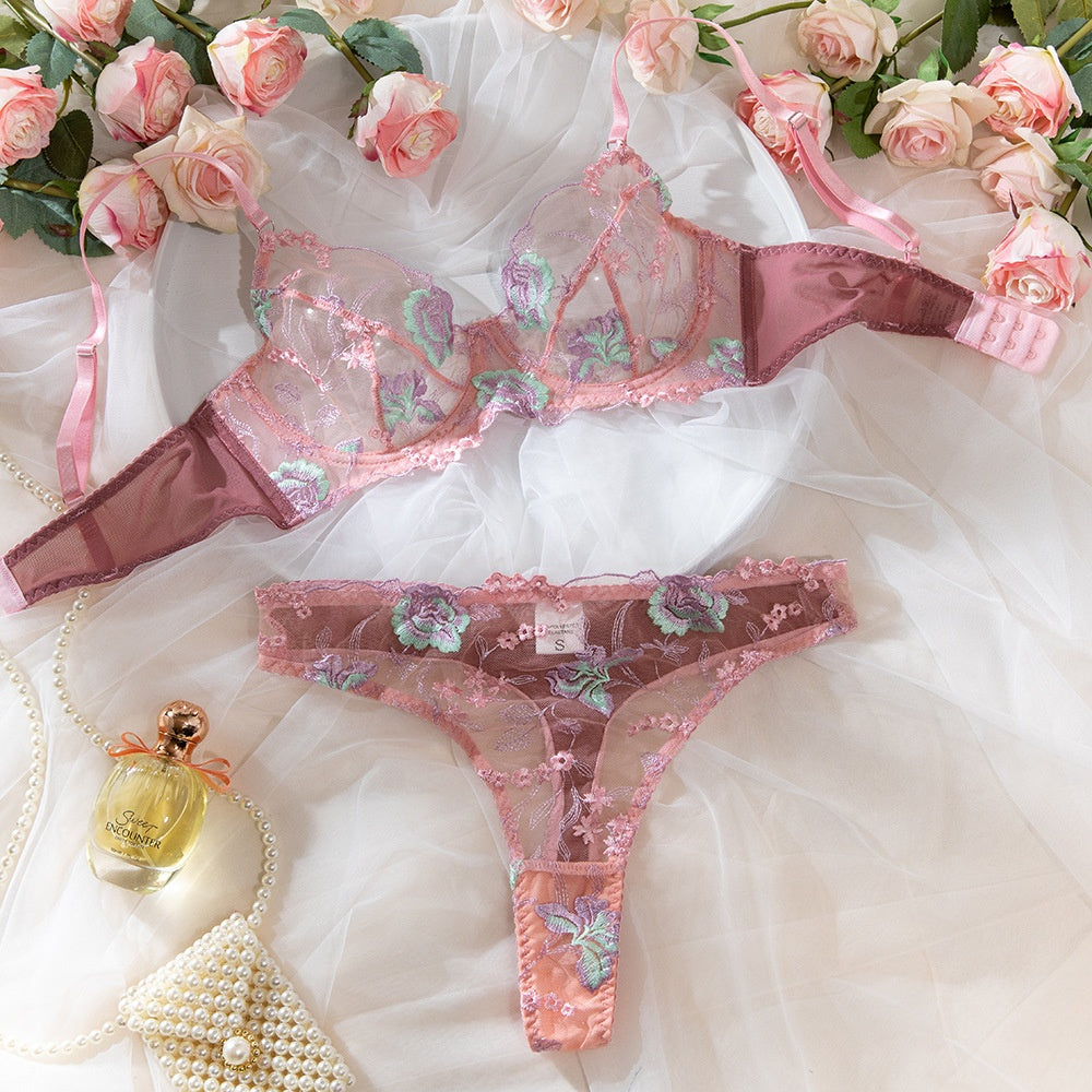 Lace Embroidery Women's Bra Flower Embroidery Advanced Craft Steel Ring Gathered Sexy Lingerie Set