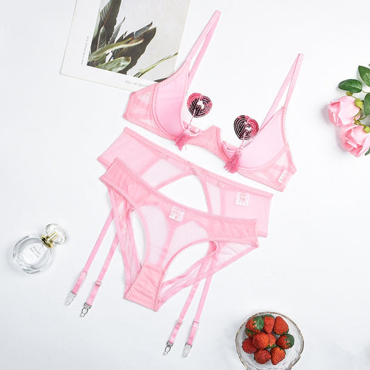 Bare chest with nipple patch sexy perspective mesh peach hip four piece set for women