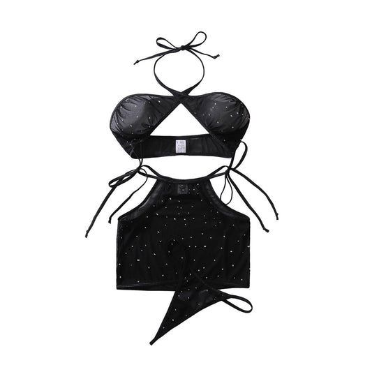 Starlight perspective cross hanging neck tie three-point sexy lingerie split set