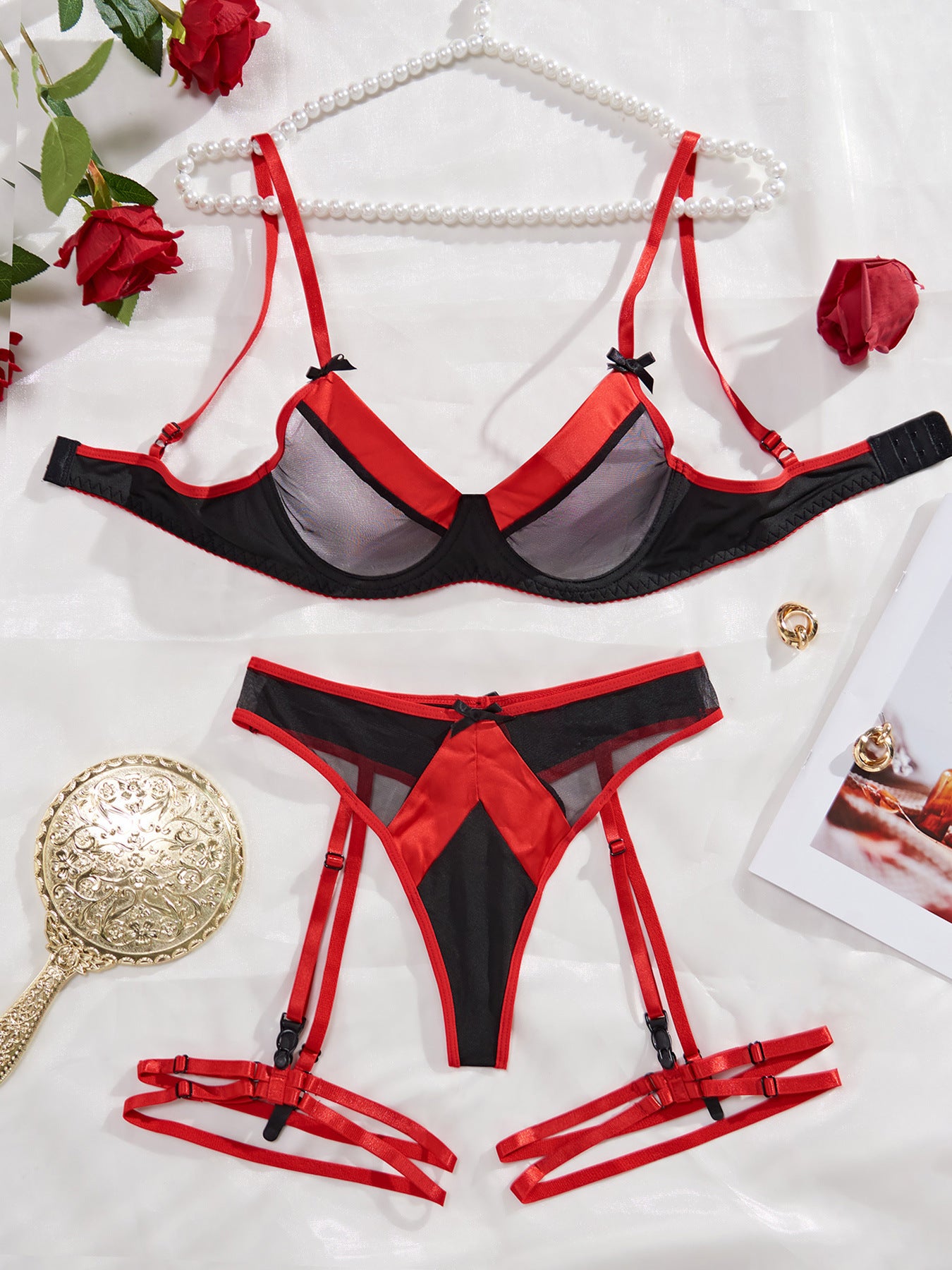 Sexy Set with Mesh Mesh Splicing Bow Sexy Underwear Three Piece Set for Women